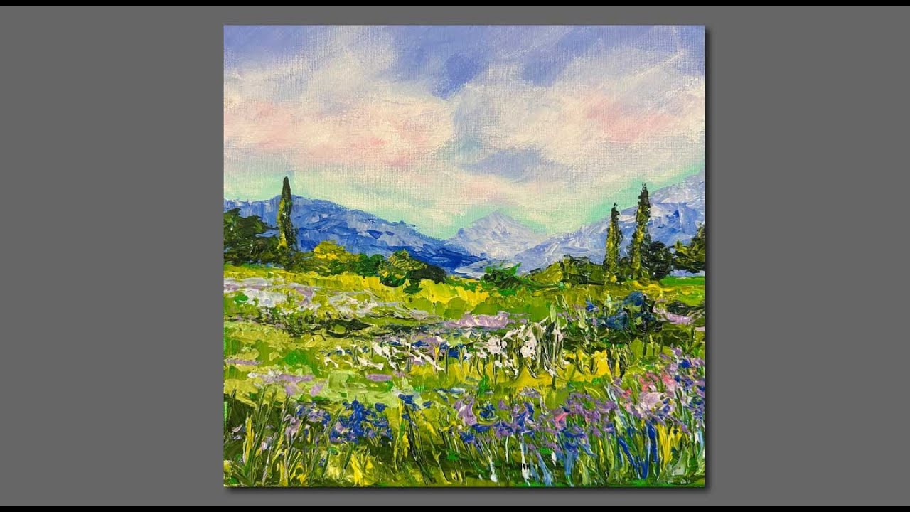 Acyrlic Mountain landscape with wildflowers/ Palette knife techniques