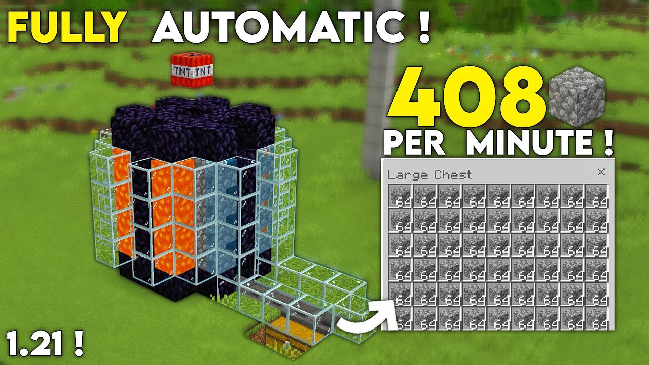 FULLY AUTOMATIC COBBLESTONE FARM!! (408/Minute) For Minecraft Bedrock 1.21