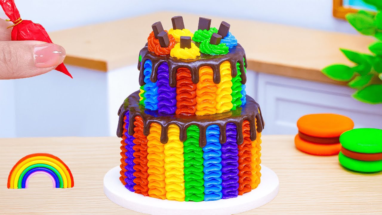 How to Make Rainbow Cake Recipe With Chocolate | Tiny Miniature 2- tier Buttercream Rainbow Cake
