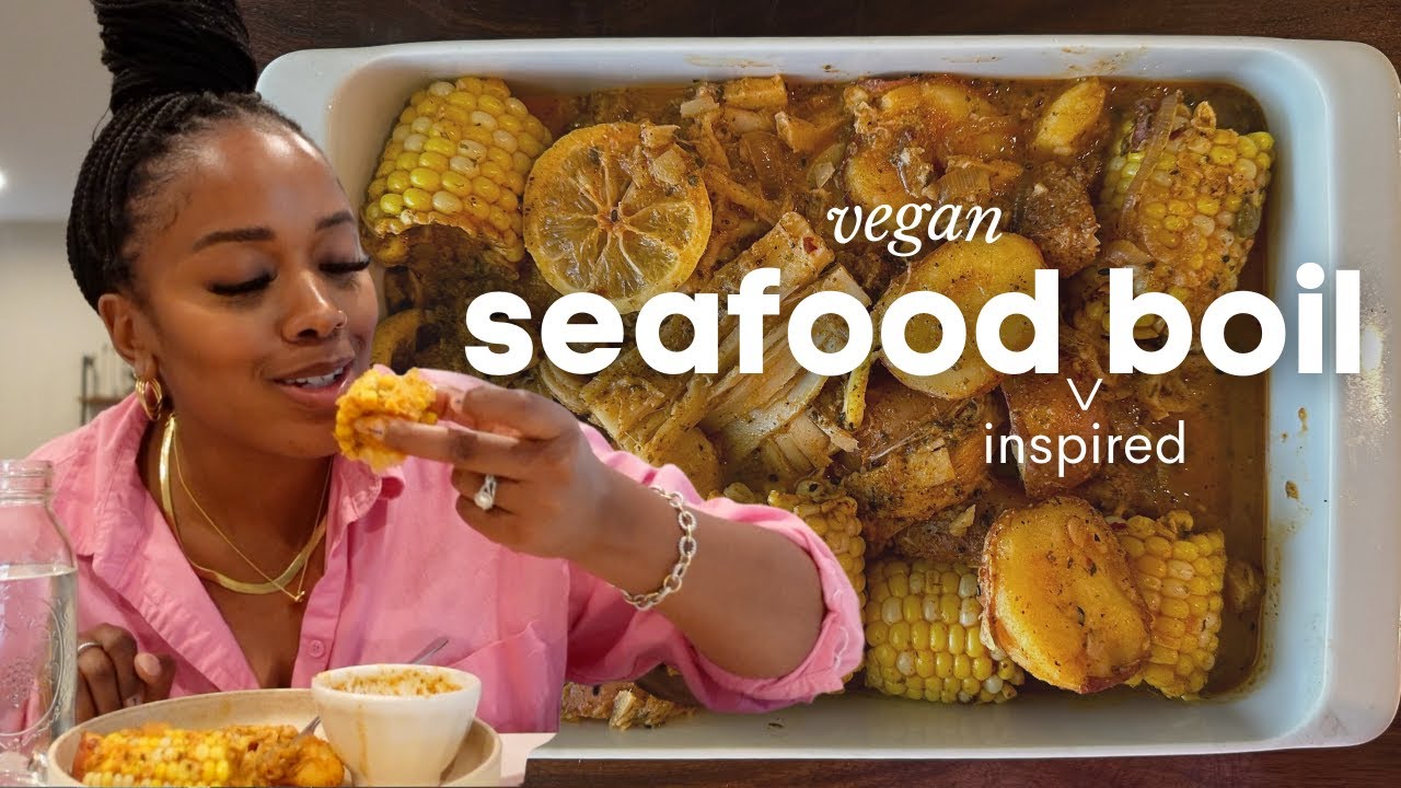 My First Vegan Seafood Inspired Boil | Buttery Corn, Sausage, Mushroom Calamari, Hearts of Palm Crab