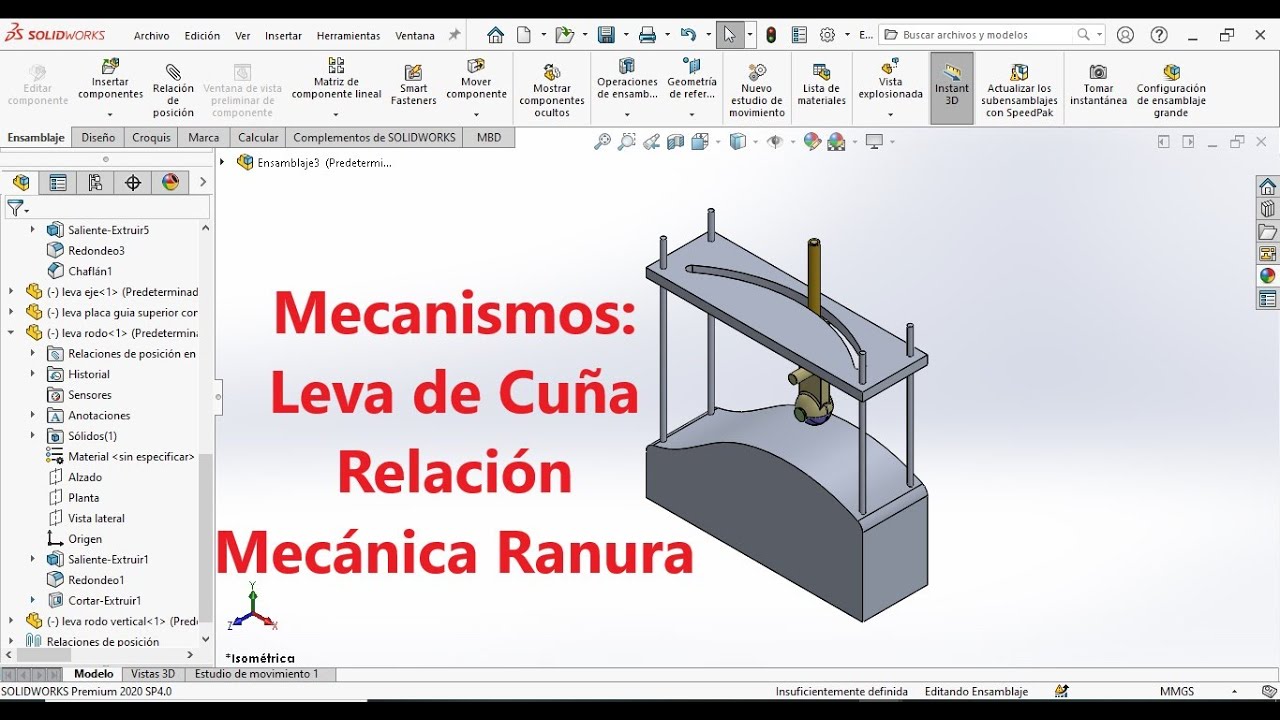 Solidworks: Mecanismos LEVA DE CUÑA relación mecánica RANURA