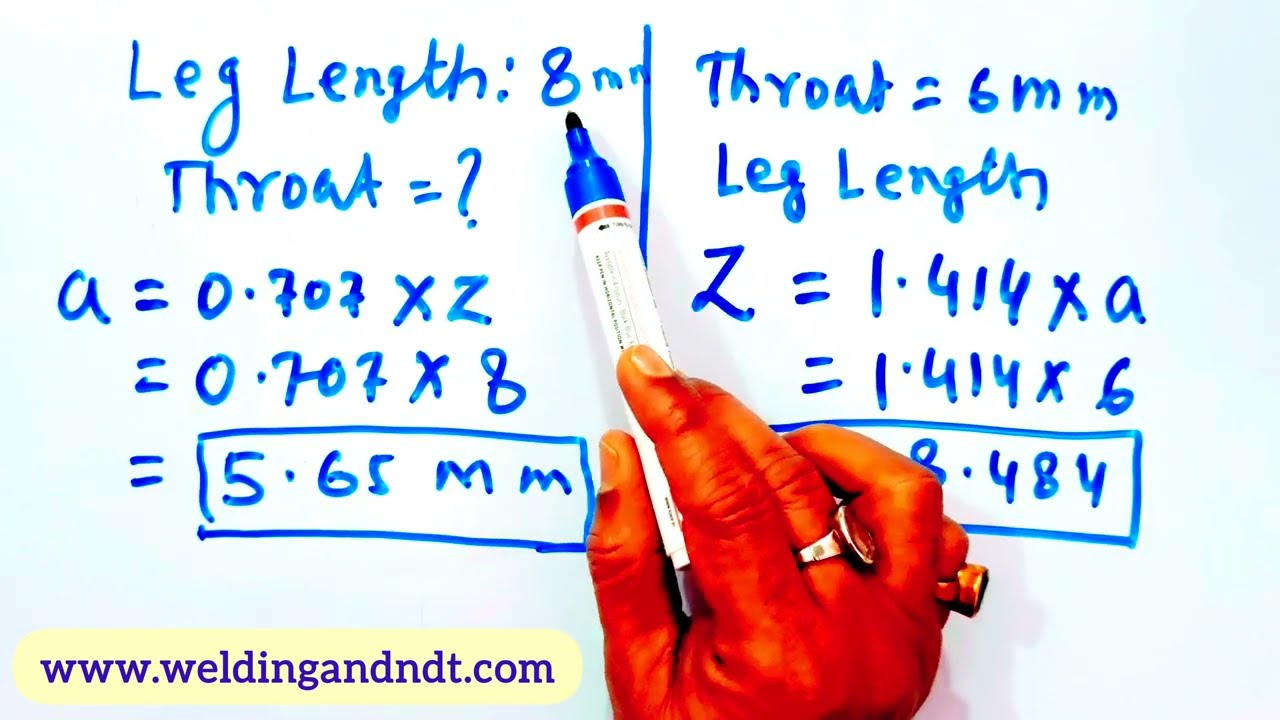 Relationship between Leg length and Throat in fillet weld joint and calculations