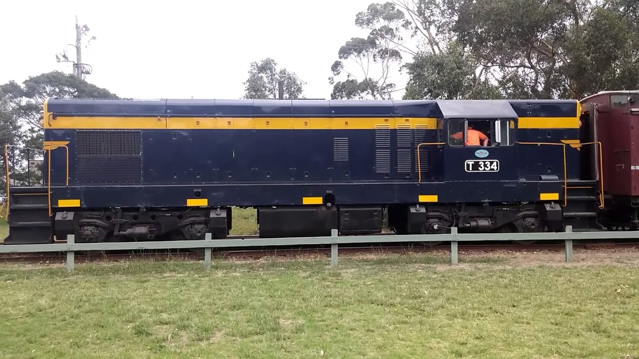 VR T class T334 GM EMD G8 departing Mornington station at the Mornington peninsula tourist railway