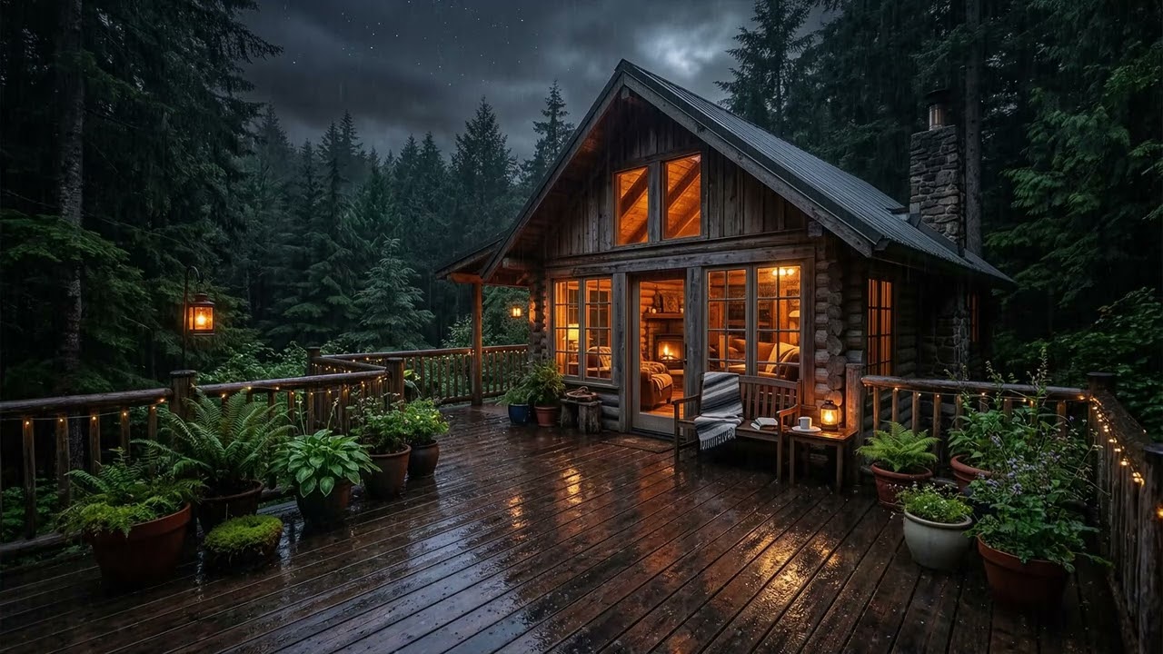 Gentle Rain Sounds in Cozy Pine Forest Cabin 🌧️ Warm Lamp & Books for Sleep Tonight