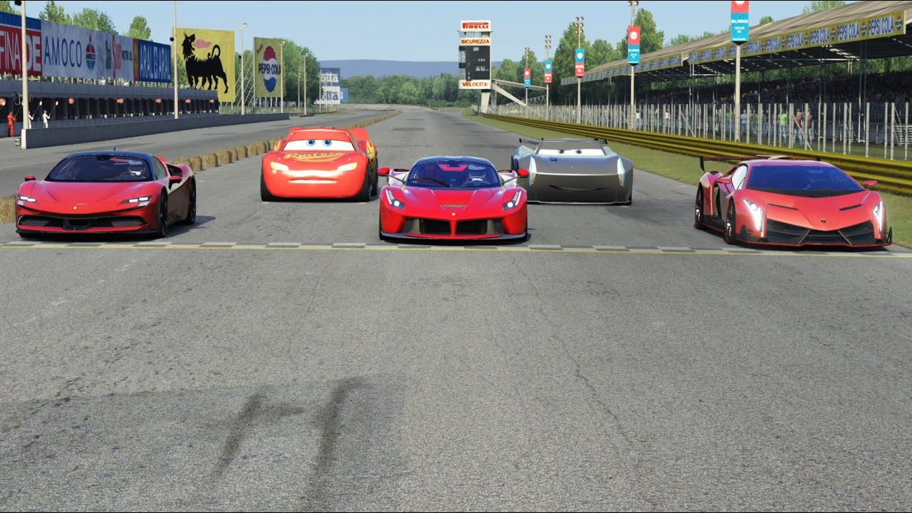 Lightning McQueen vs Jackson Storm vs Ferrari LaFerrari vs Lamborghini Veneno vs Ferrari SF90