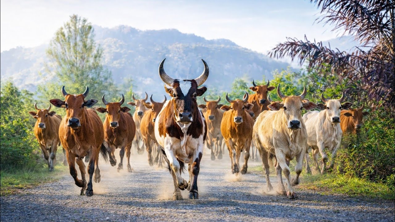 Early morning activities accompanying a herd of tame cows through the village towards the fields 