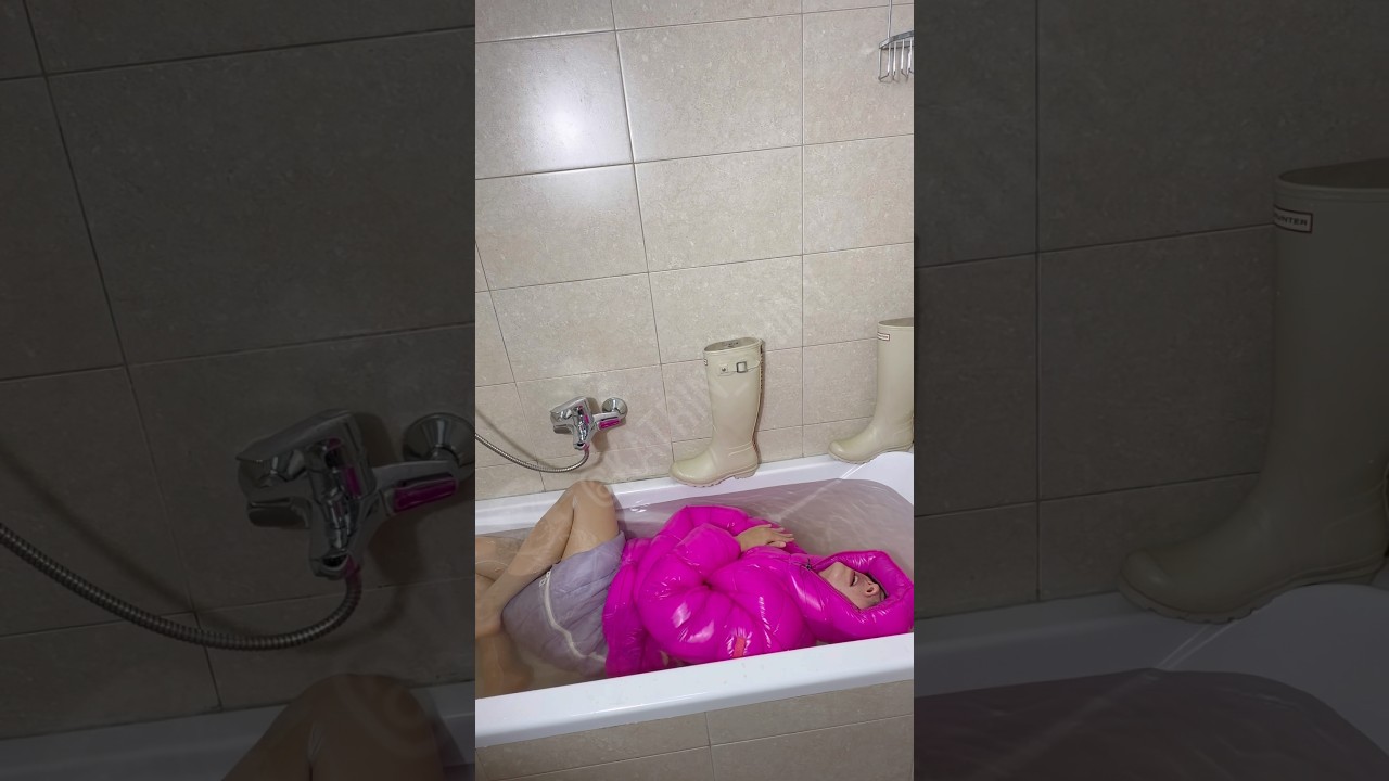 Beautiful Girl tub wetlook waterproof shiny puffy style raincoat nylon wet Hunter wellies flooded