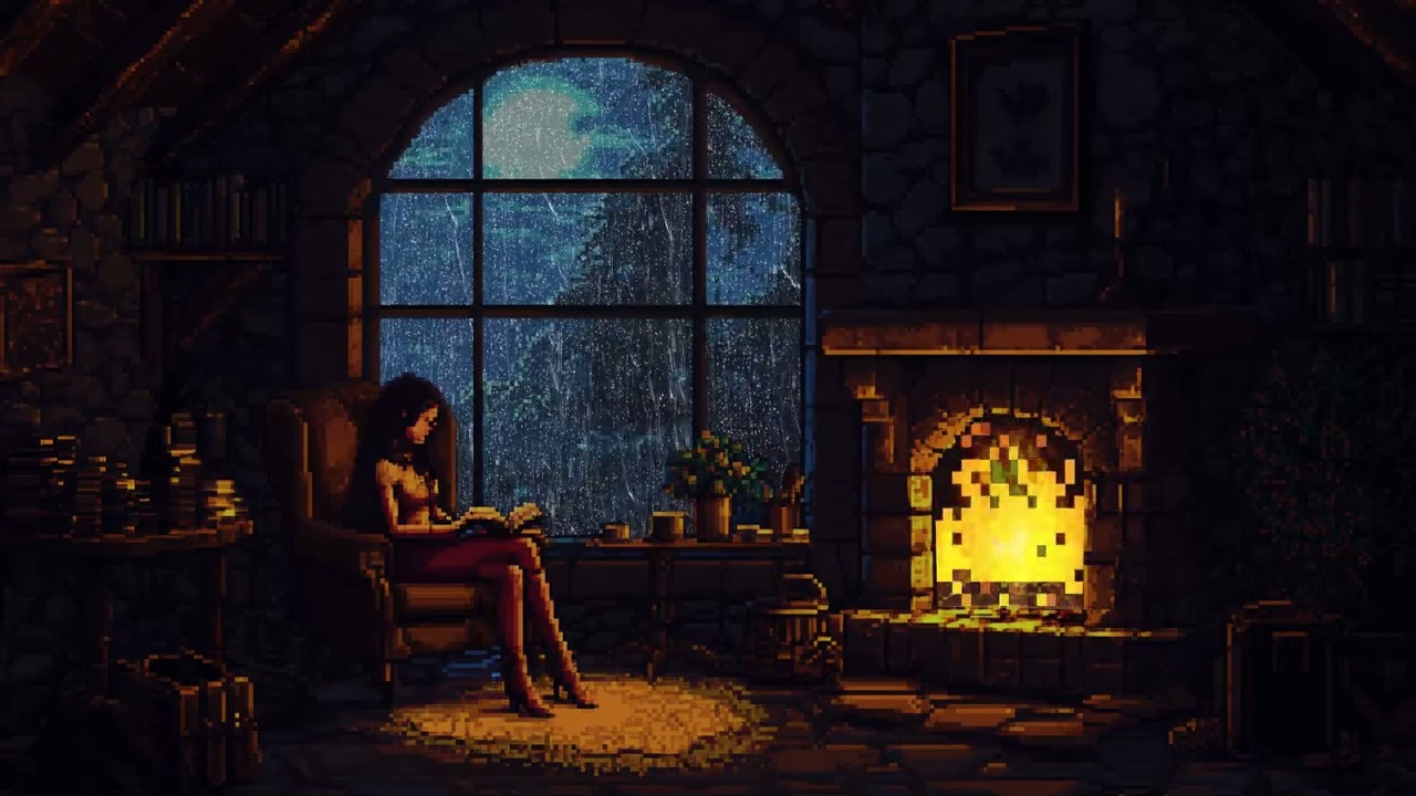 Thunder Storm And Fireplace Ambience In A Pixel Stone Room For Sleep