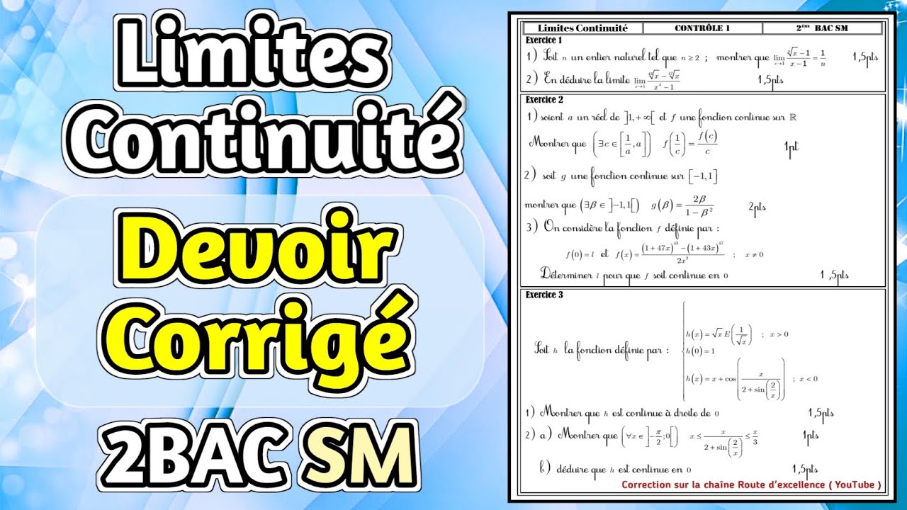 Devoir Corrigé sur les Limites et Continuité 2Bac SM !!