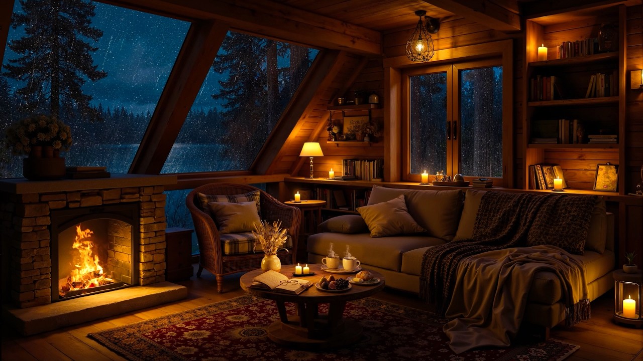Cozy Reading Nook on Peaceful Rainy Night | Soft Piano Jazz with Rain & Fireplace Sounds to Unwind