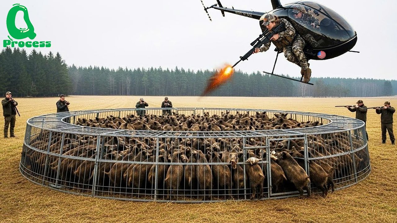 Wild Boar Trap Chaos: Helicopter Hunters Take Down Hogs with Perfect Shots!