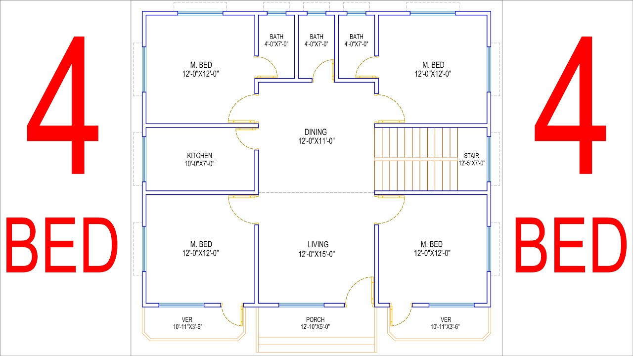 HOUSE PLAN DESIGN | EP 211 | 1200 SQUARE FEET 4 BEDROOMS HOUSE PLAN | LAYOUT PLAN