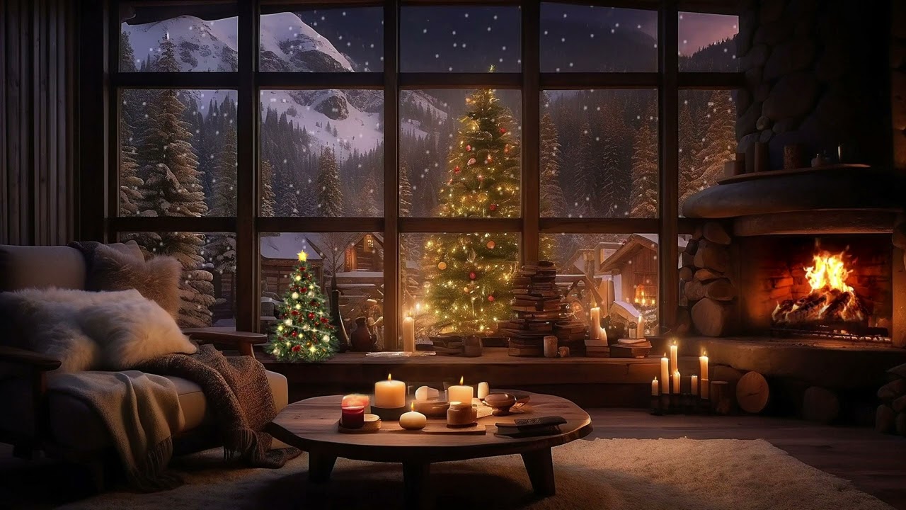Cabin Christmas Dreams | Fireplace Crackles, Snowflakes Dance, and Tree Shines