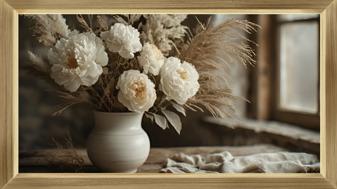 Cuadro enmarcado | Jarrón con flores en tonos blancos y beige | Arte para TV