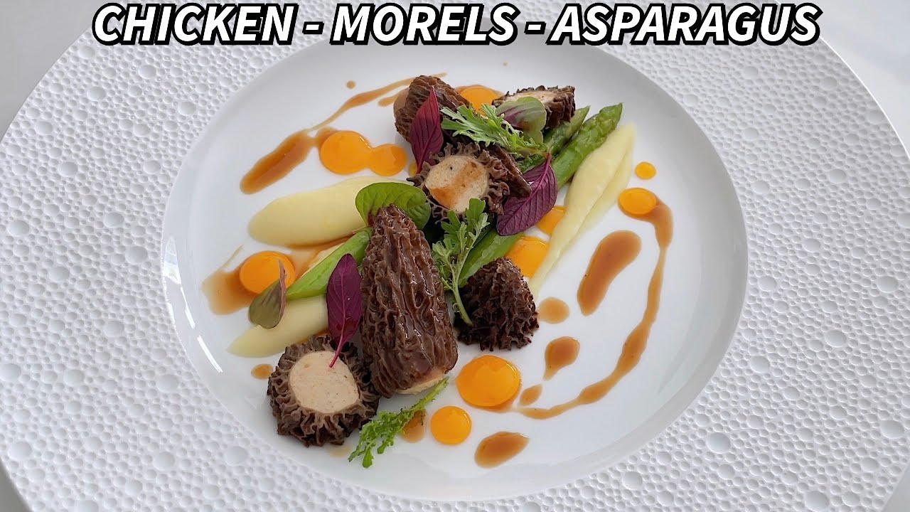 Fine Dining Stuffed Morels with Chicken Mousse, Poached Asparagus, Potato Pur&eacute;e & Confit Egg Yolk