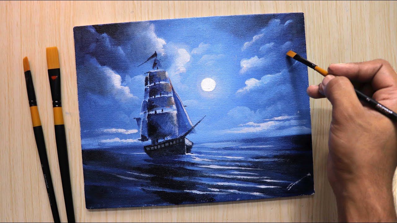 Acrylic painting of Moonlight night sky with a lonely ship