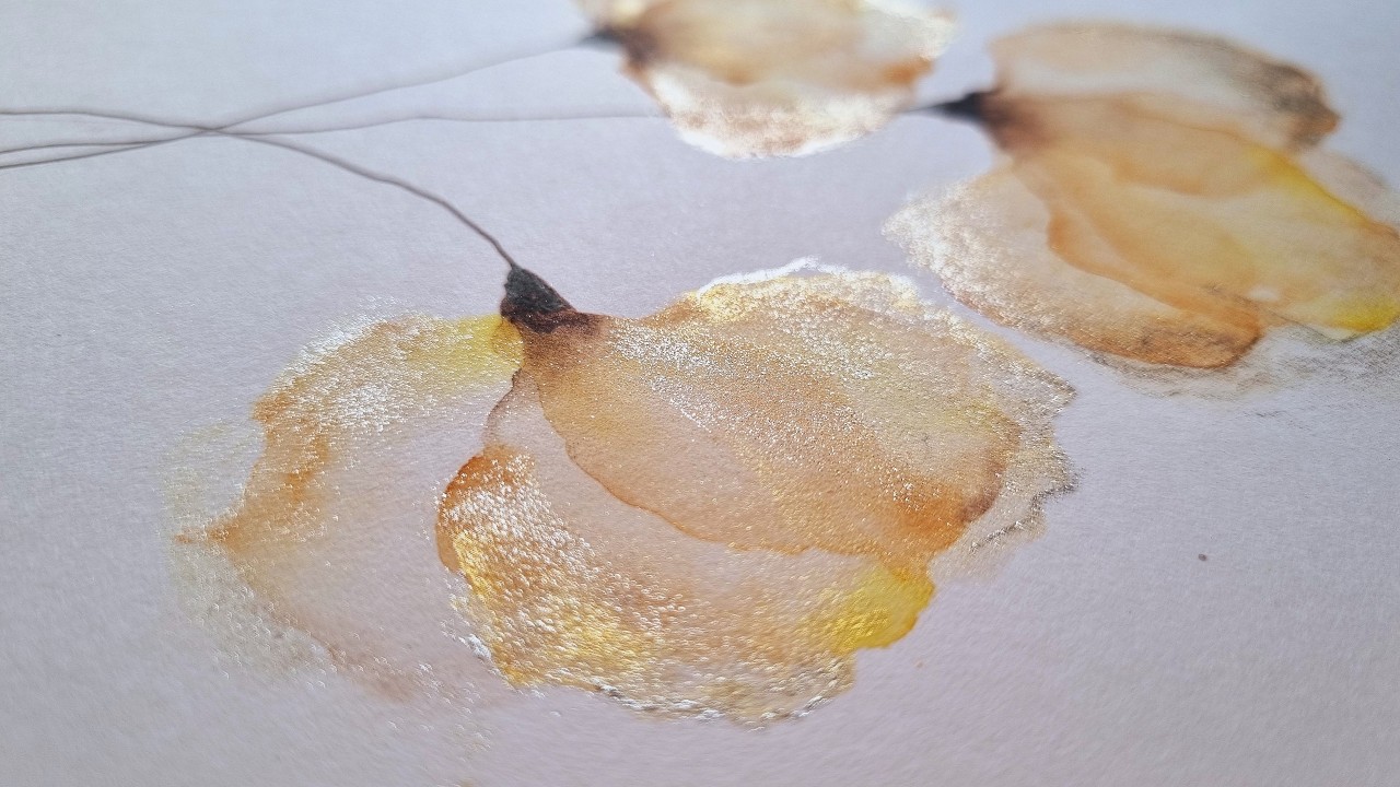 How to Paint Transparent Abstract layered Golden flowers in Watercolor