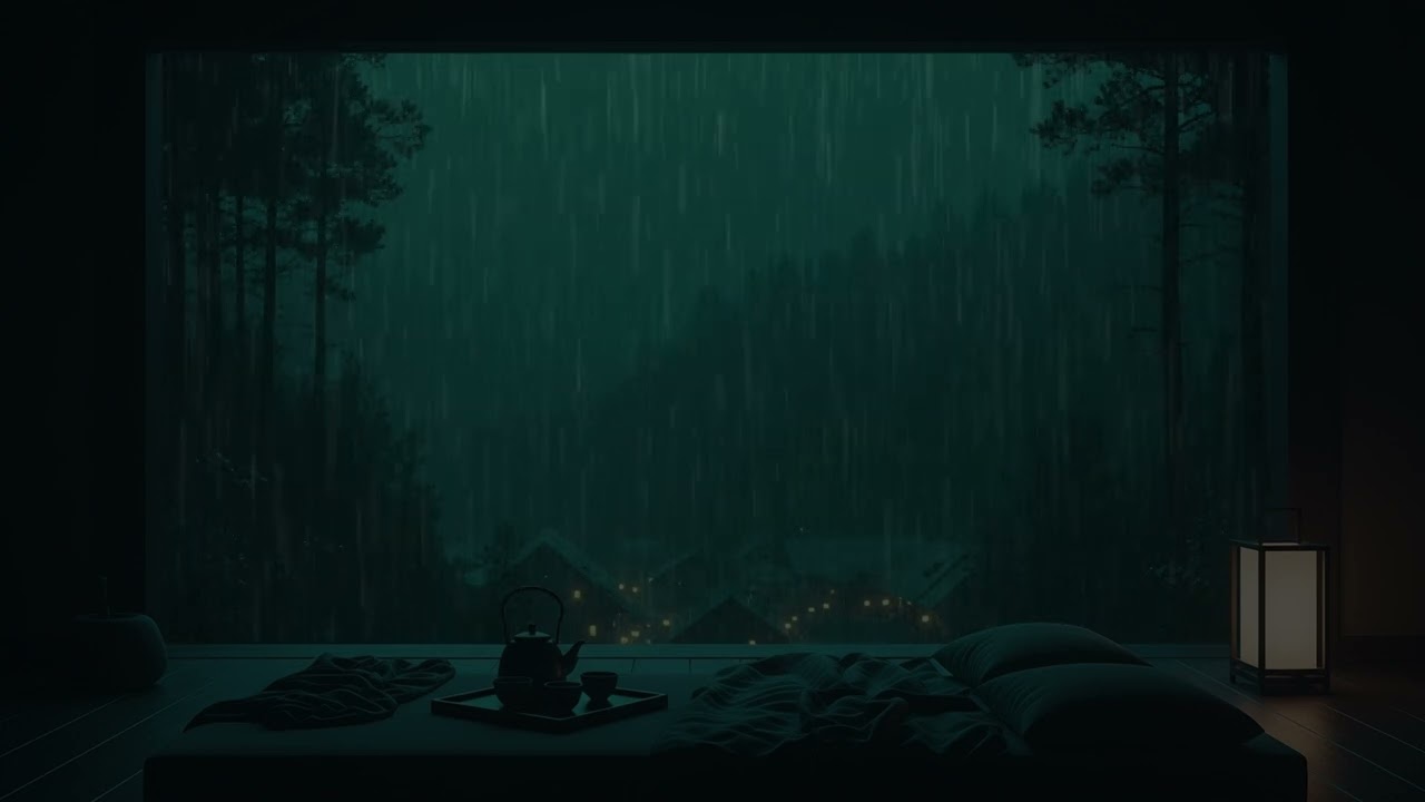 Rain Falling All Night in a Dark Room | Calm Ambience for Sleeping, Studying & Relaxing