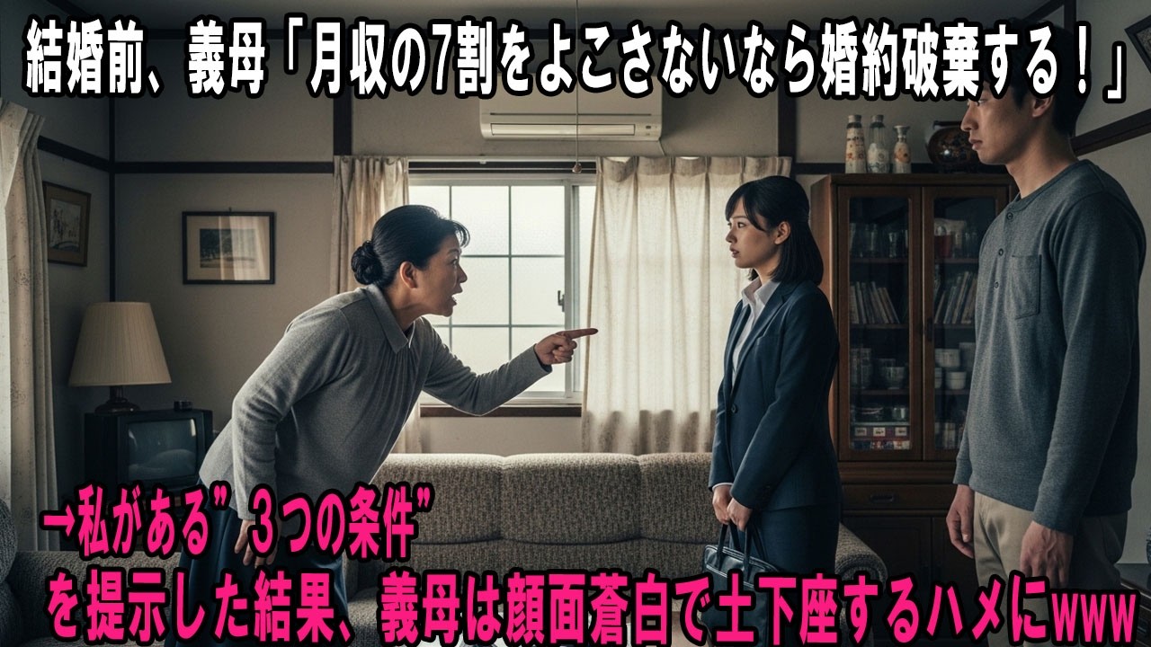 結婚前、義母「月収の7割をよこさないなら婚約破棄する！」&rarr;私がある&rdquo;３つの条件&rdquo;を提示した結果、義母は顔面蒼白で土下座するハメにwww