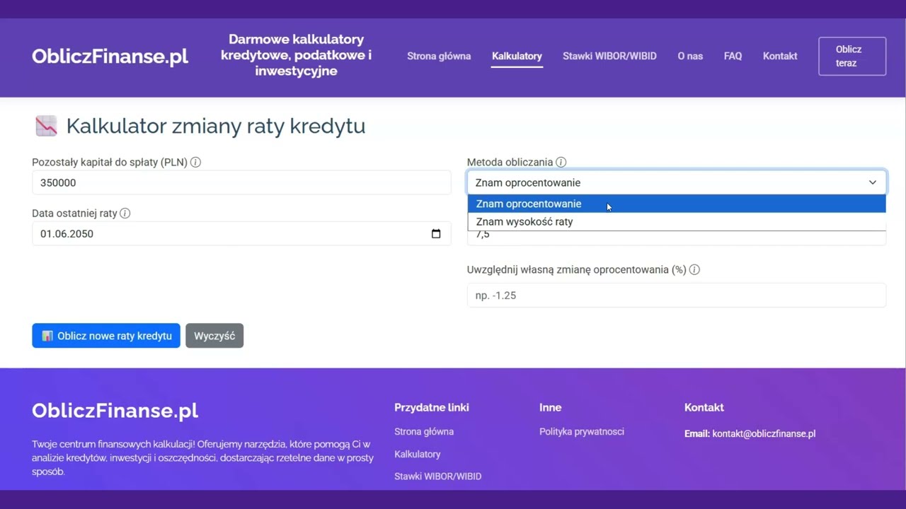 Kalkulator zmiany raty kredytu - ObliczFinanse.pl