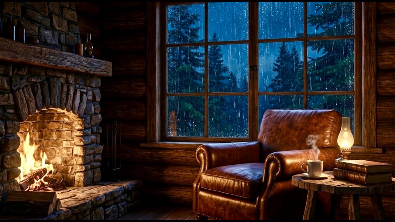 24/7 Cozy Fireplace & Rain Sounds 🌧️ Relaxing Cabin Ambien.