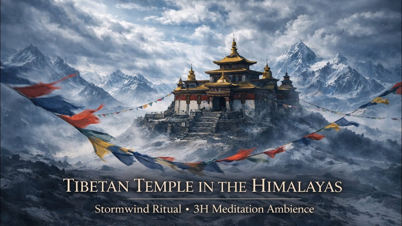 Tibetan Temple in the Himalayas – Strong Wind Ambience | 3 Hours | Free Background Music