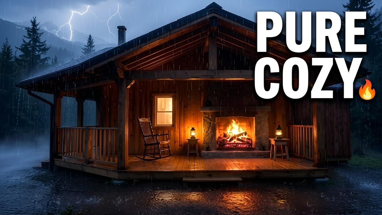 Heavy Rain on Porch & Fireplace 🔥 Cozy Cabin Ambience – 8 Hours Sleep, Study & Relax 🌧️