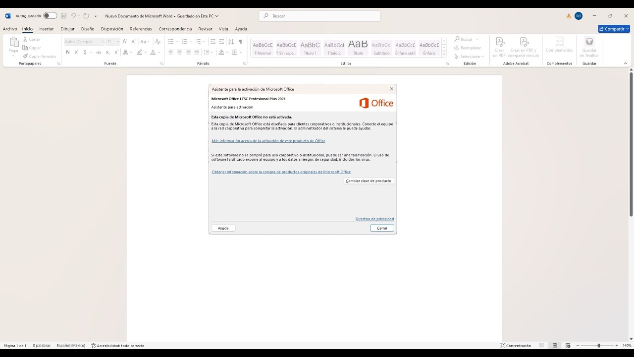 Esta copia de Microsoft Office no est&aacute; activada./ This copy of Microsoft Office is not activated.