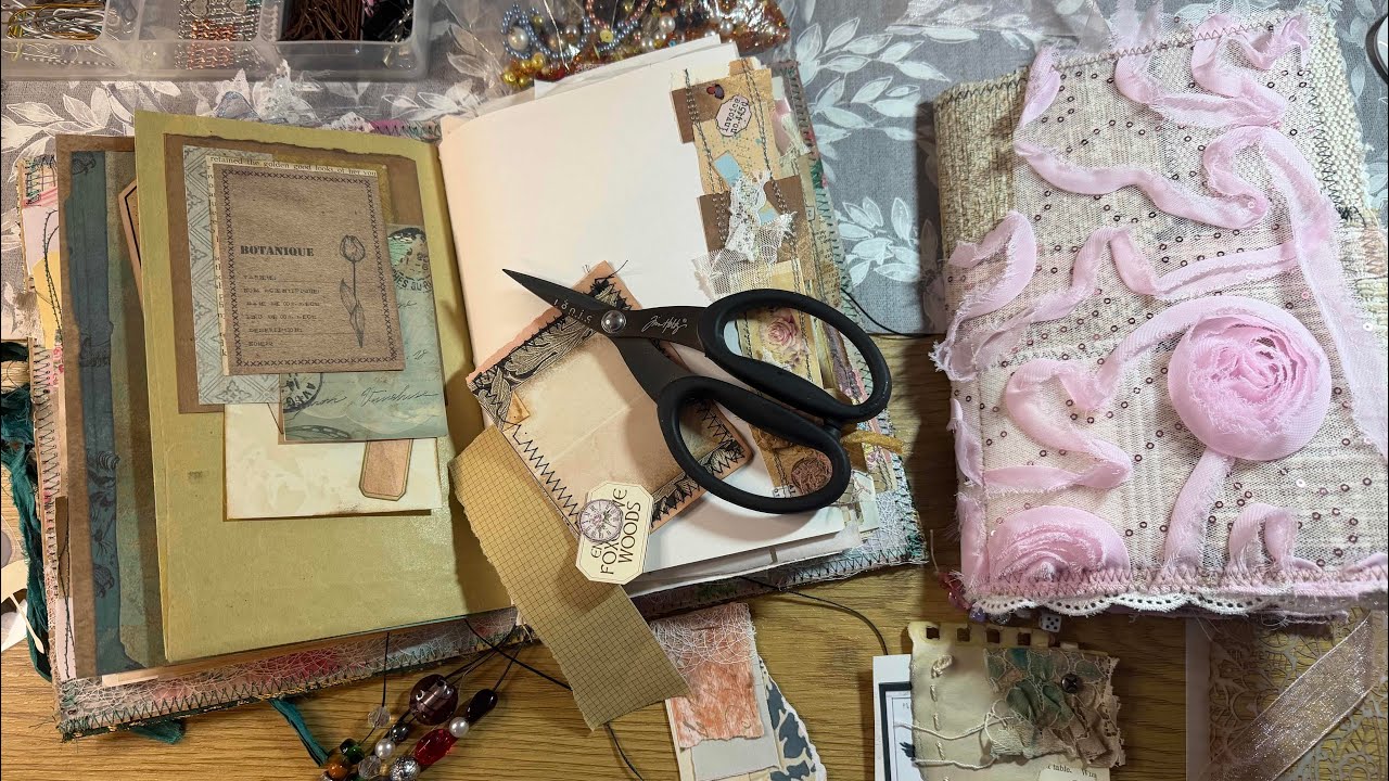 join me at my desk filling my junk journals from my stash of ephemera and embellishments