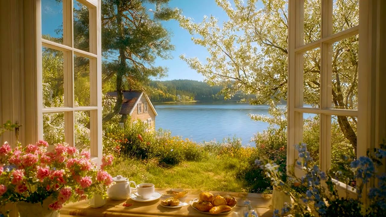 Romantic Spring Window Lakeside Ambience 🕊️☕  Birds & Gentle ASMR Nature Sounds,.. for Relax & Rest