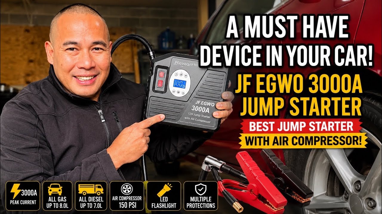 Best Jump Starter With Air Compressor!  JF EGWO 3000A Car A must have for every emergency!