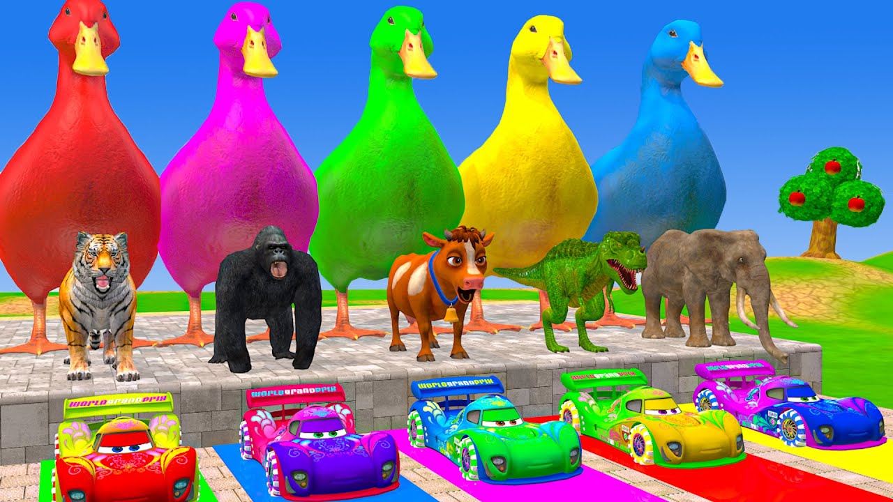 Long Slide Game With Cow Elephant Gorilla Hippopotamus Tiger - 3d Animal Game - Funny 3d Animals