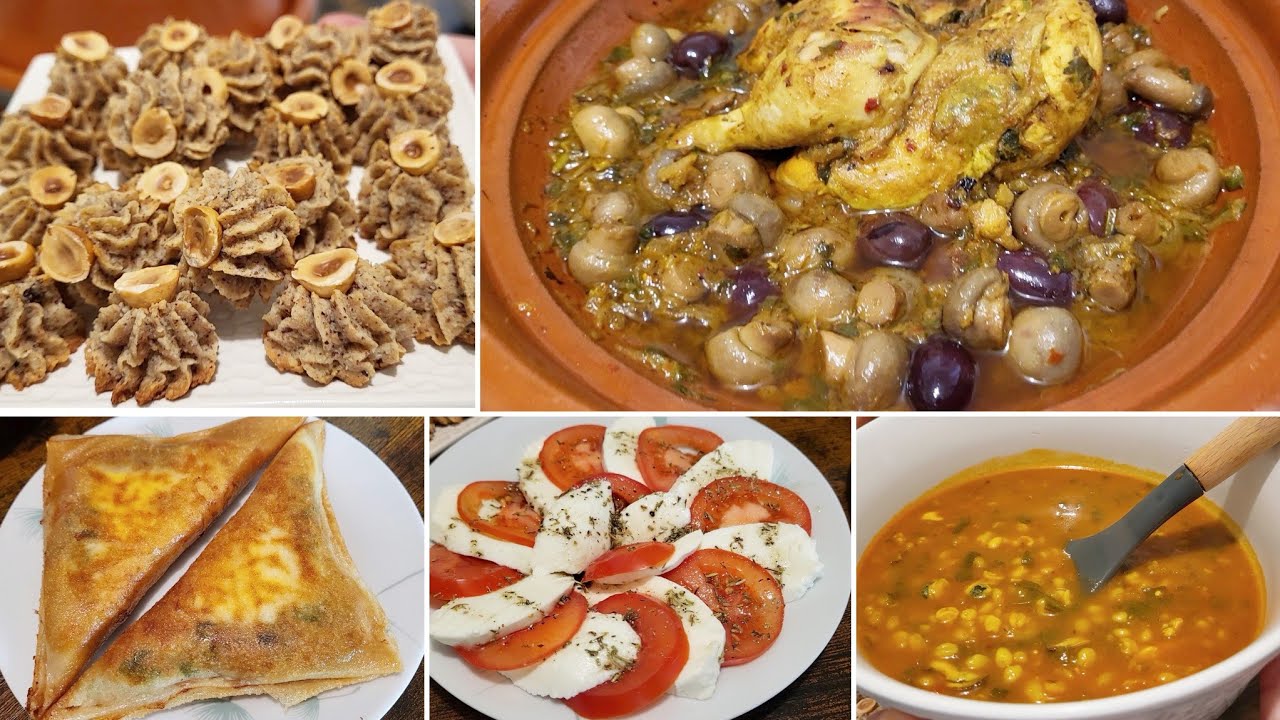 دبارة اليوم🌙🌙🌙 برغل جاري مع طاجين دجاج و زيتون مع سلاطة طماطم و موزاريلا و بتي فور البوفريوة بريك