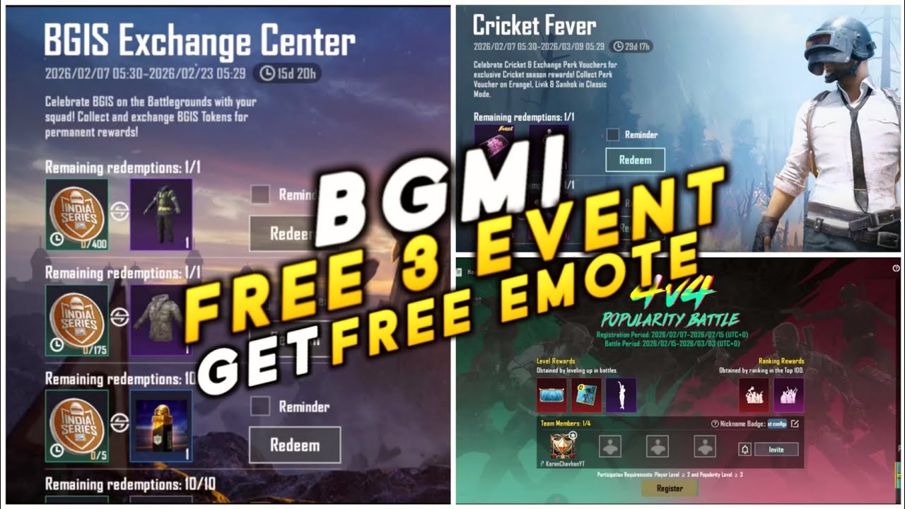 😍BGMI NEW FREE 3 EVENT | GET FREE EMOTE & PERMANENT OUTFIT | BGIS EVENT | 4V4 POPULARITY BATTLE |