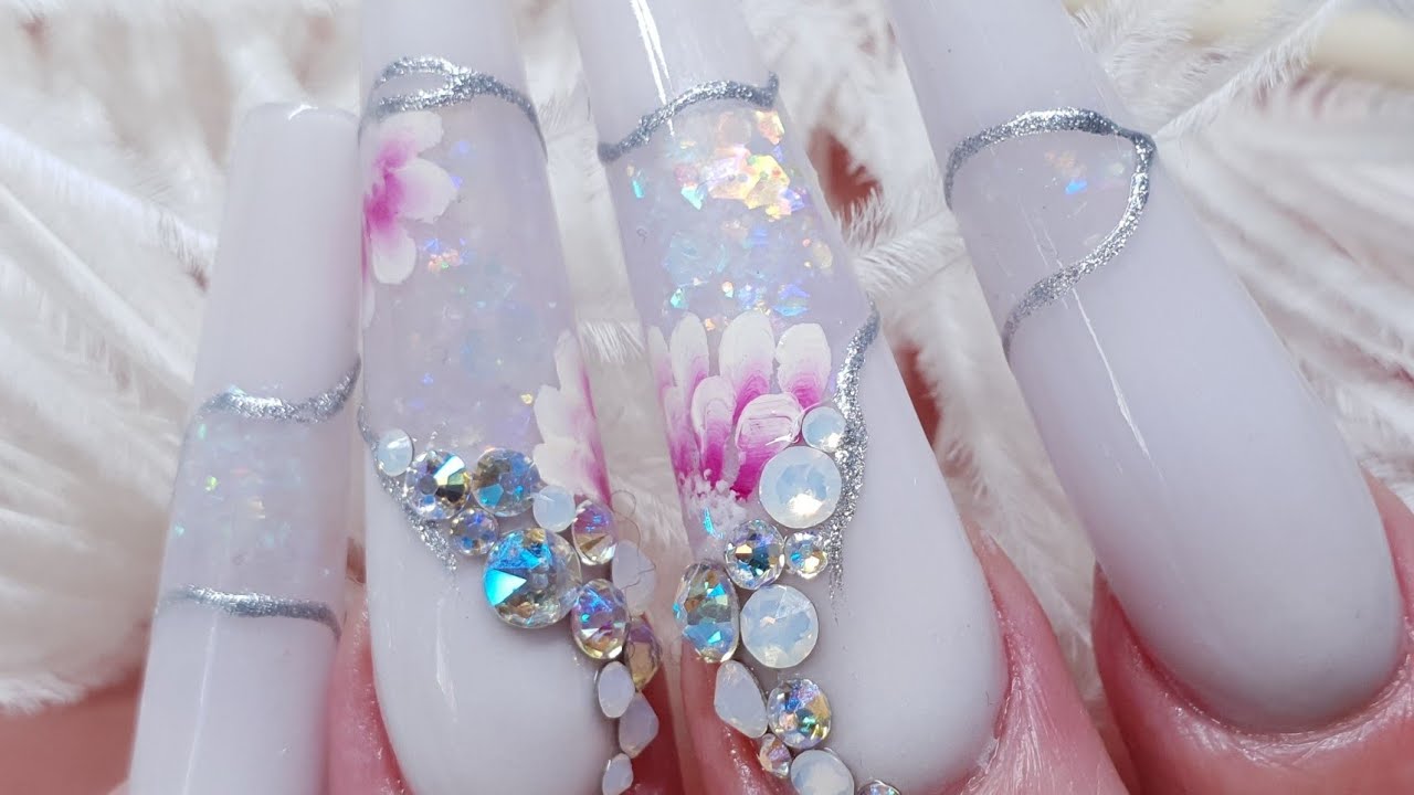 Extreme Length Acrylic Nails - Opal Geode - One Stroke Flowers