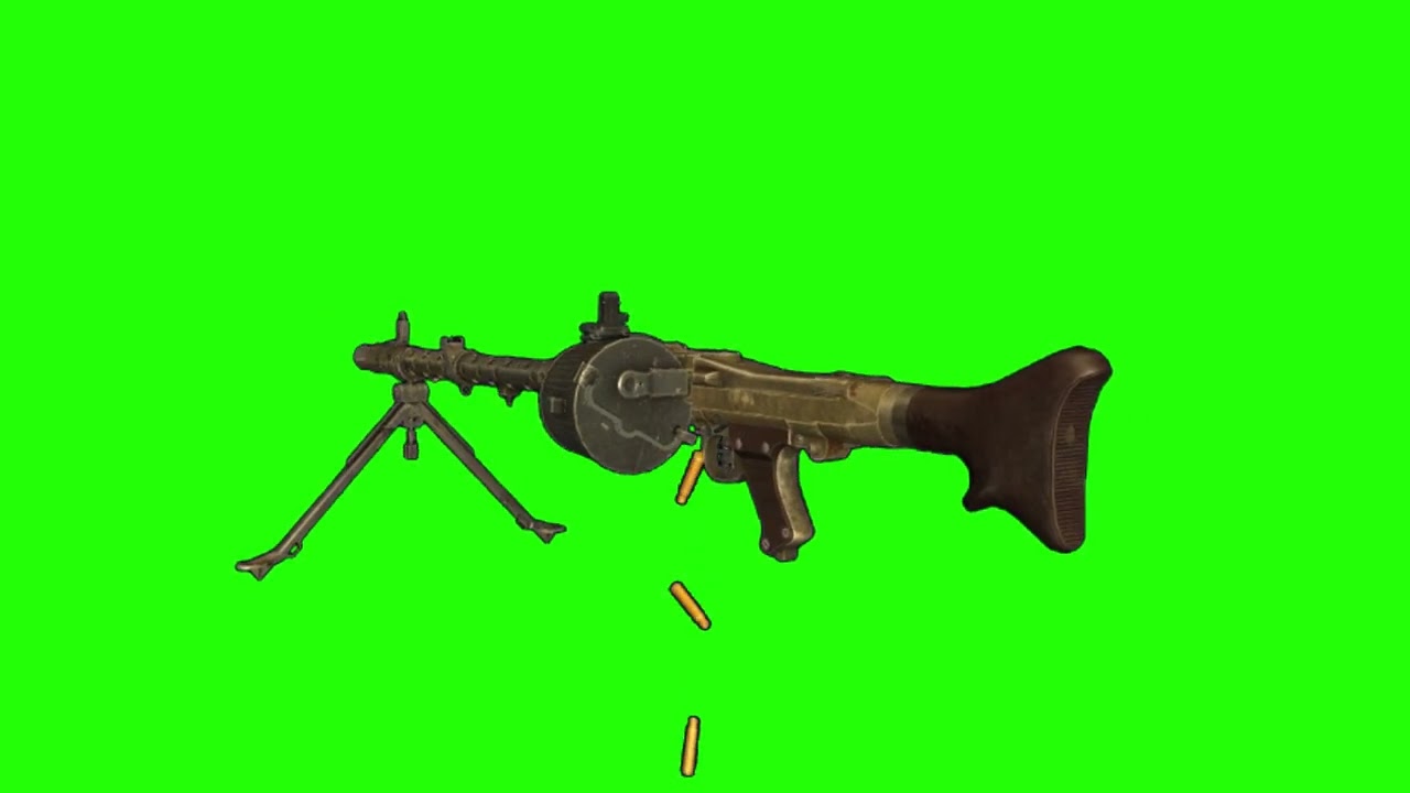 Light machine gun Mg-34, bipod three quarter back view left, fire and reload, green screen