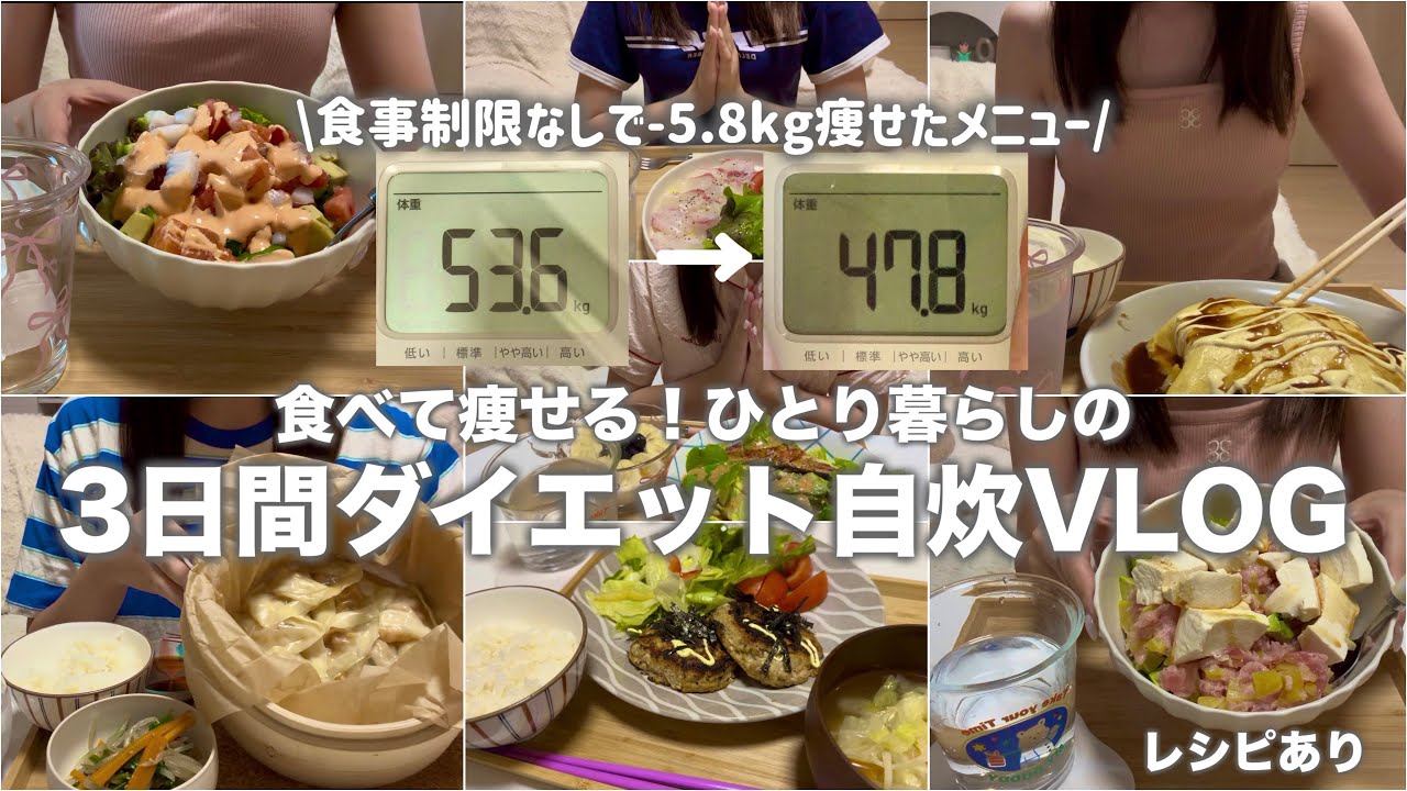 【食事制限なし❌】ひとり暮らしの3日間ダイエットVlog🏡 食べて痩せる自炊ご飯🍚健康第一‼️レシピは概要欄📝#ダイエット#vlog #ひとり暮らし#大学生#自炊