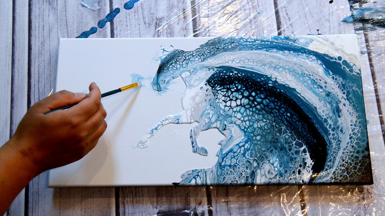 (71) OCEAN HORSE Acrylic Pour with Pretty Blues!