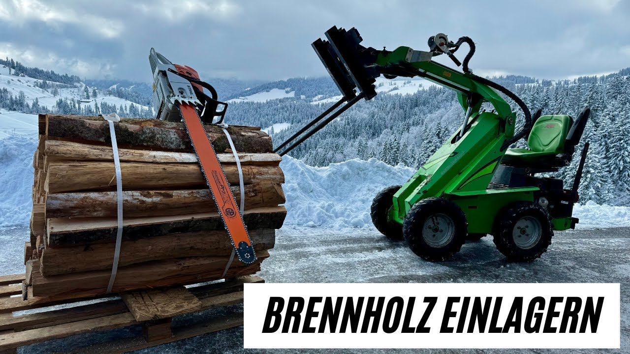 Brennholz sägen und im Keller einlagern. Mit Avant 313S Hoflader und Stihl Ms 660.