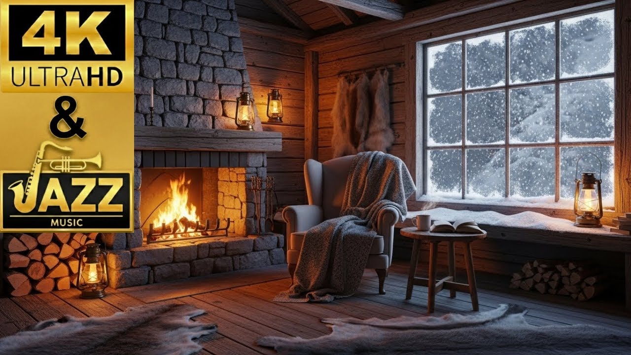 4K Fireplace & Jazz Music | 4 Hours