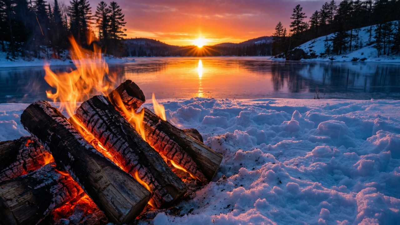 Snowy River Campfire 🔥 Cozy Winter Camping Ambience at Sunset