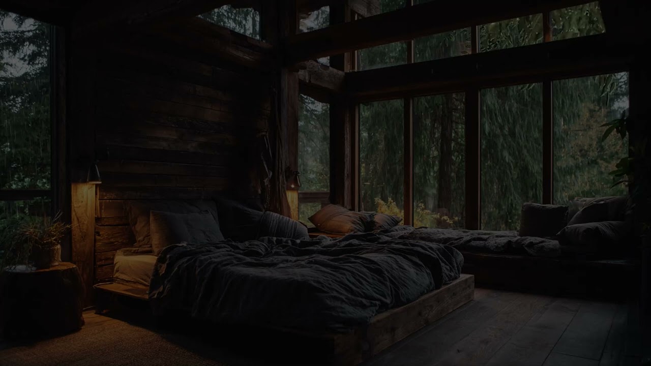 Rain threads through the silent pinewood 🌧️ while distant thunder rolls over fading hills