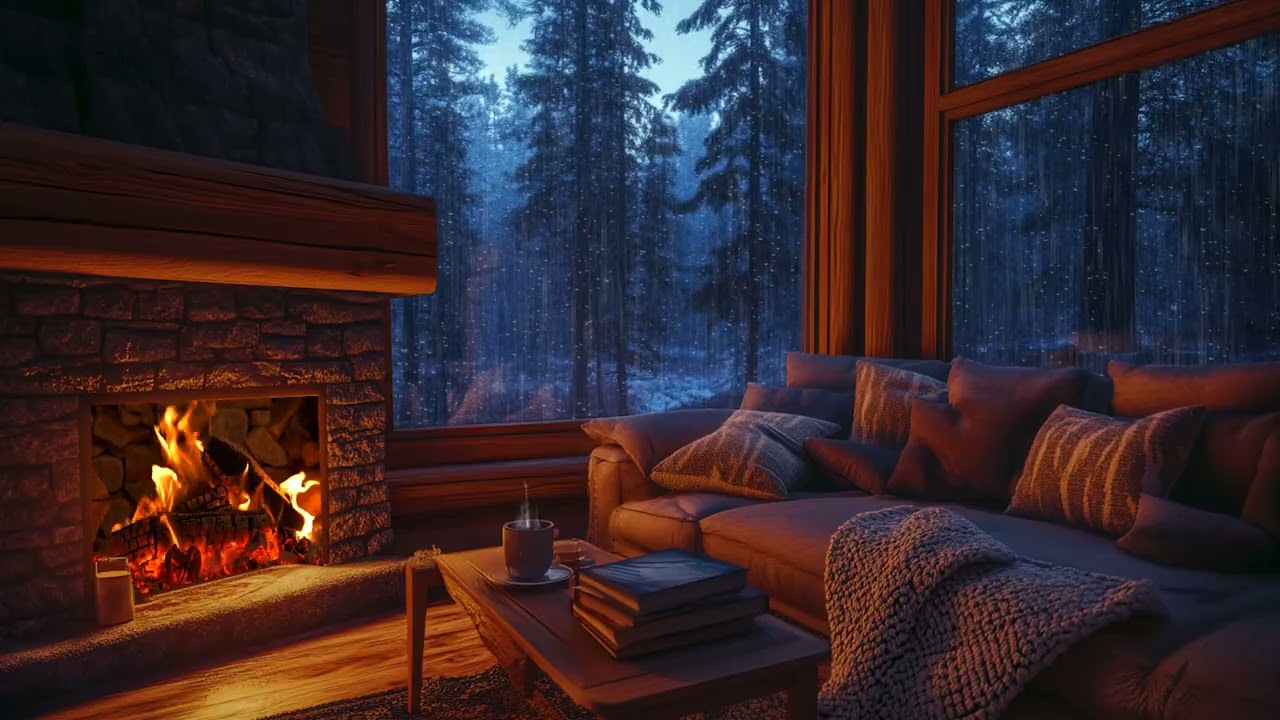 Heavy Rain Outside and Warm Fireplace Crackling Sounds for Deep Sleep and Relaxing Cozy Night