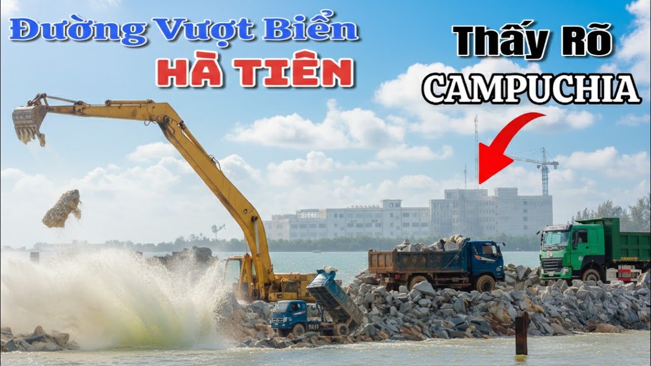 Đường Vượt Biển Hà Tiên-Xe Cuốc Bắt Đầu Làm Sôi Nổi Làm Cả Ban Đêm