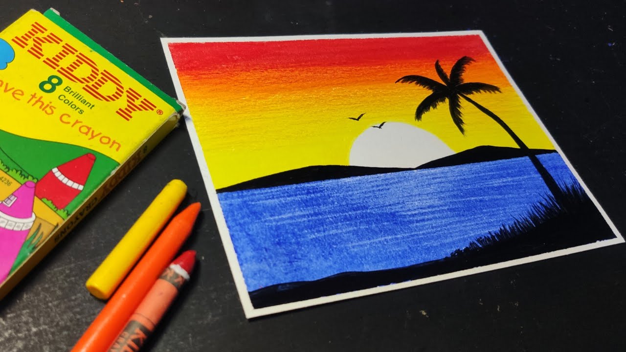 Easy Wax Crayon Drawing / Sunset Scenery