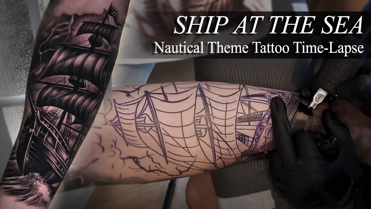 SHIP AT SEA | Applying Tattoo Stencil | Full Tattoo Time-Lapse