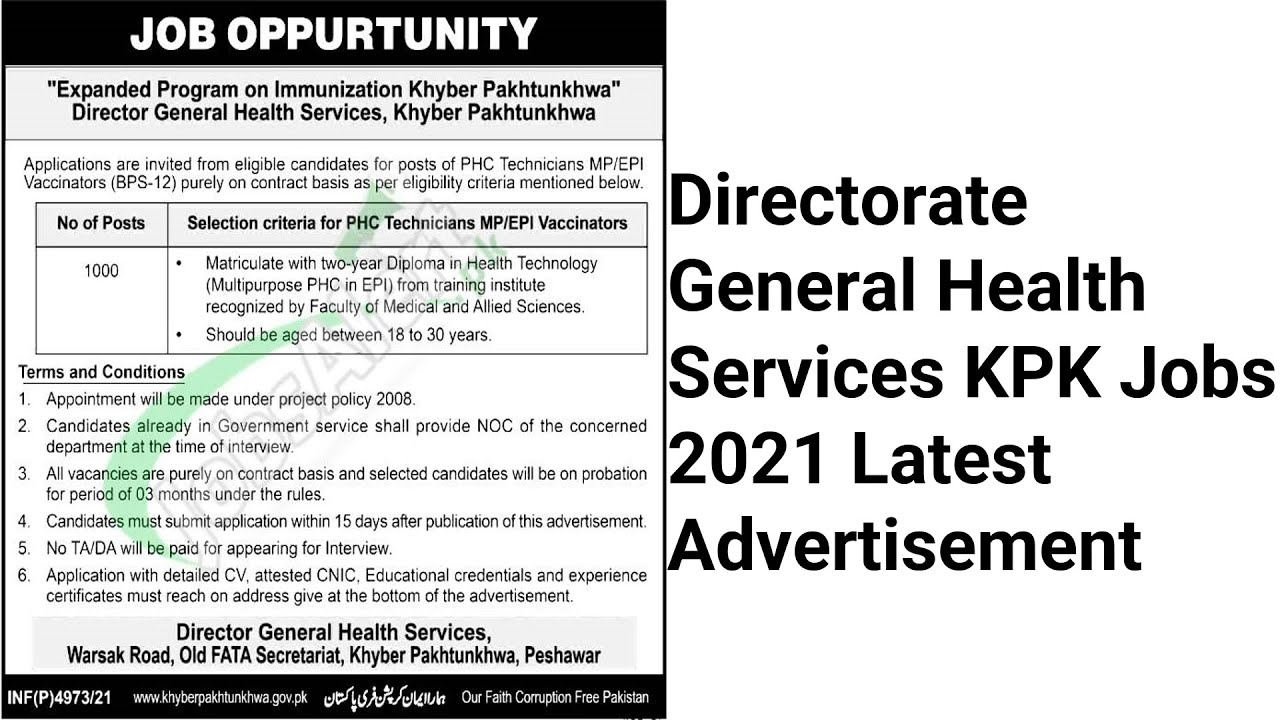 Directorate General Health Services KPK Jobs 2021 Latest Advertisement