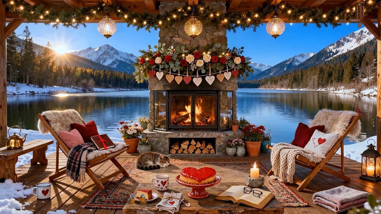 A Valentine’s Morning by the Lake 🔥 Fireplace Warming a Cozy Mountain Terrace