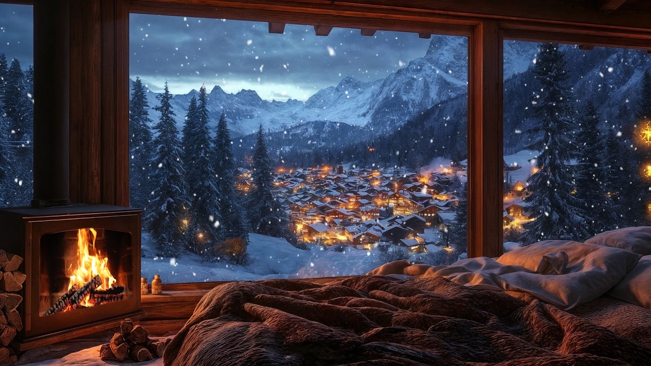 Cozy Winter Cabin at Night ❄️🔥 | Warm Fireplace Sounds & Soft Snowfall for Calm Sleep
