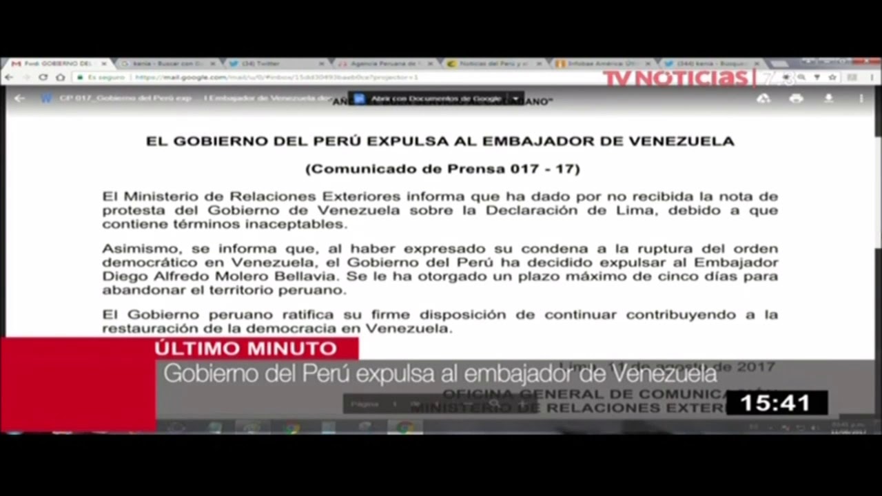 Gobierno del Per&uacute; expulsa a embajador de Venezuela